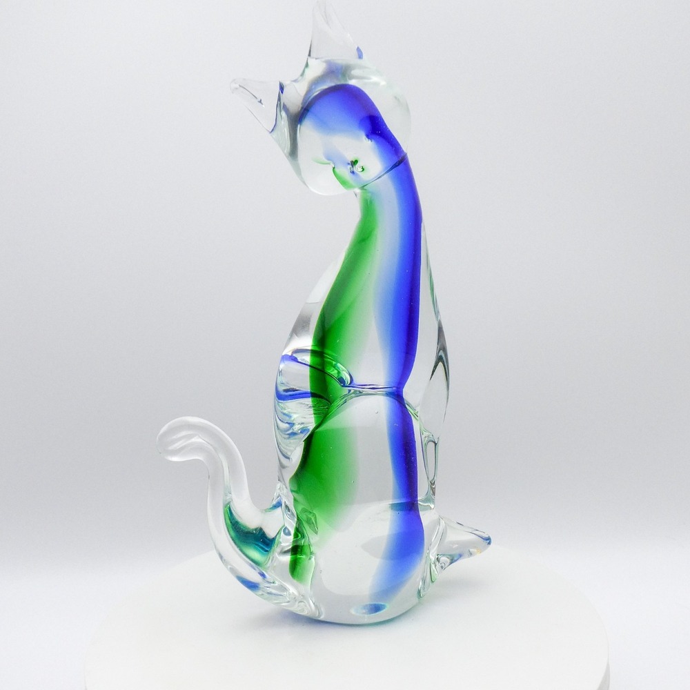 Murano Italy Sommerso Hand Blown Art Glass Blue & Green 9.5" Cat Figurine